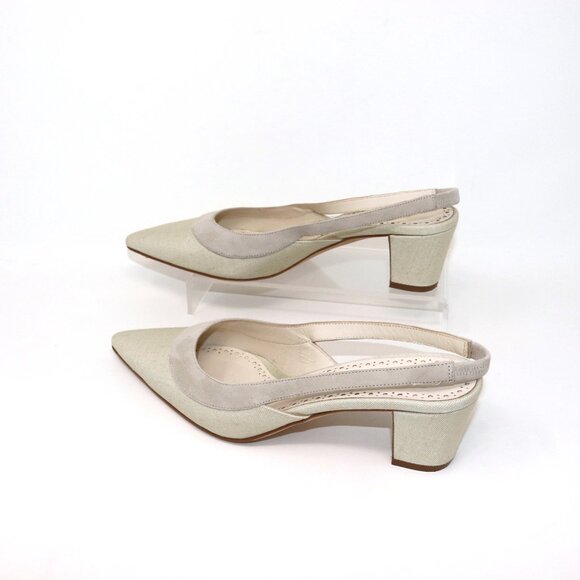 Manolo Blahnik 38 Golpeso Natural Linen & Suede Slingback Kitten Heel Mules - Picture 7 of 12
